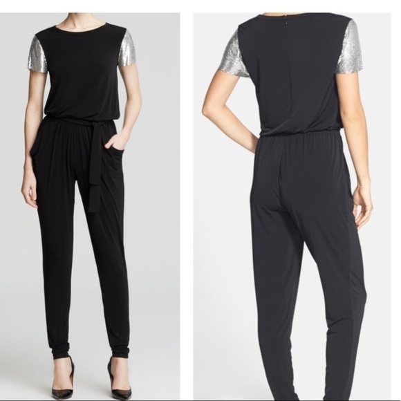 Michael Kors Black Metallic Mesh Sleeve Jumpsuit Size XS - Picture 1 of 6